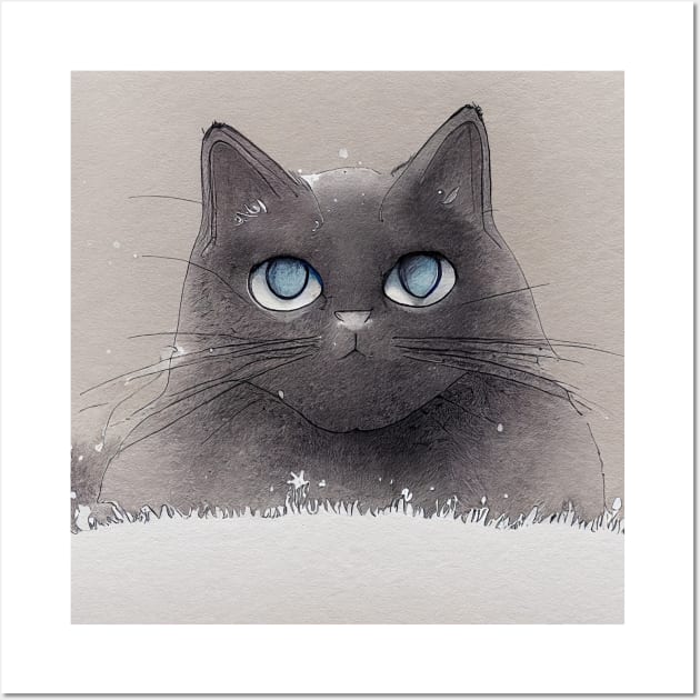 Blue Eyed Gray Cat in Snow Wall Art by fistikci